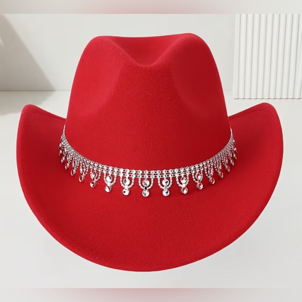 Red Felt Western Cowboy Hat with Silver Fringe Band